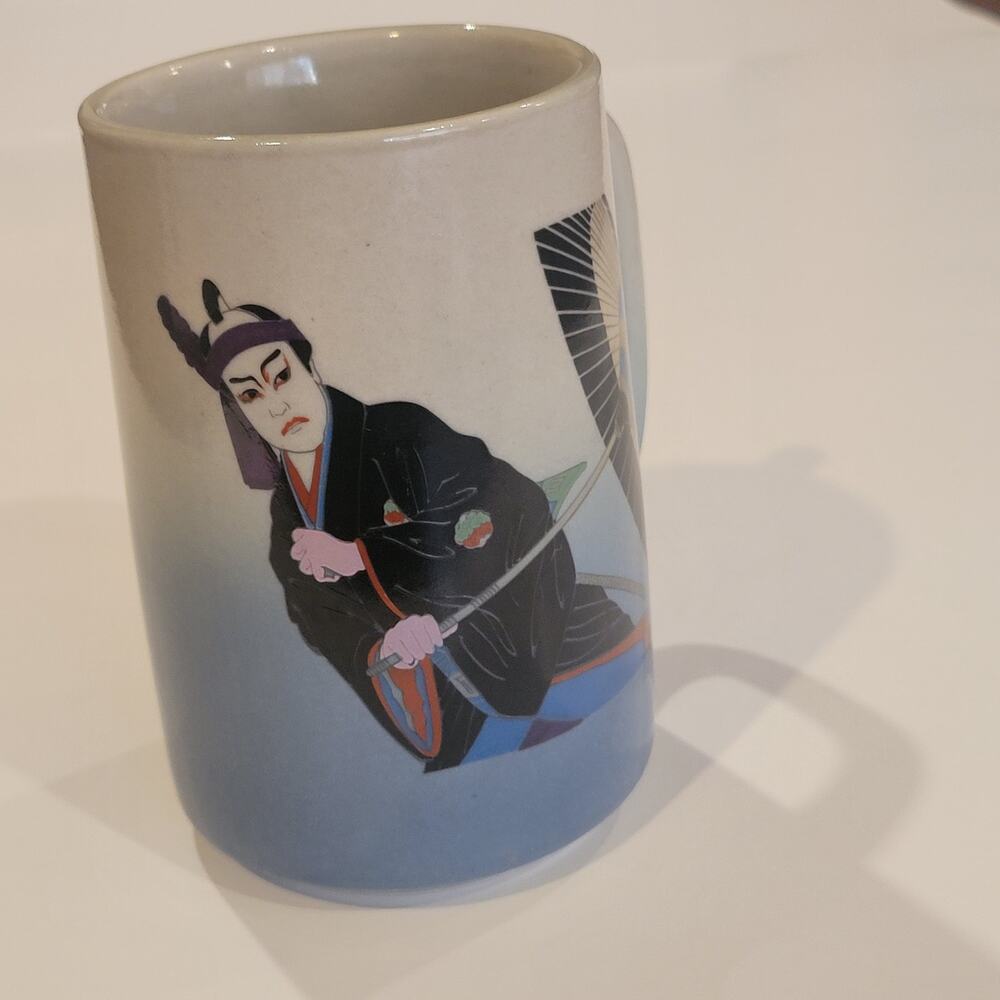 Vintage Samurai Decorated Porcelain Mug Kabuki Theater Made in Japan